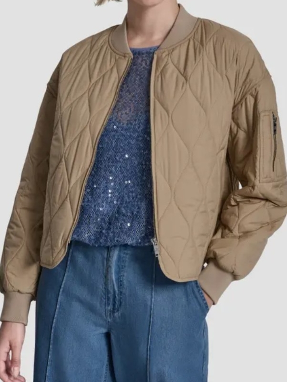 DKNY Quilted Bomber Jacket in Taupe